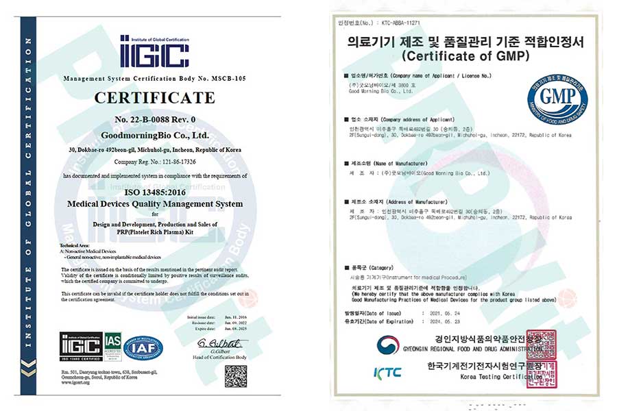 Chứng nhận chất lượng PRP Kit Mediworld của ISO và GMP